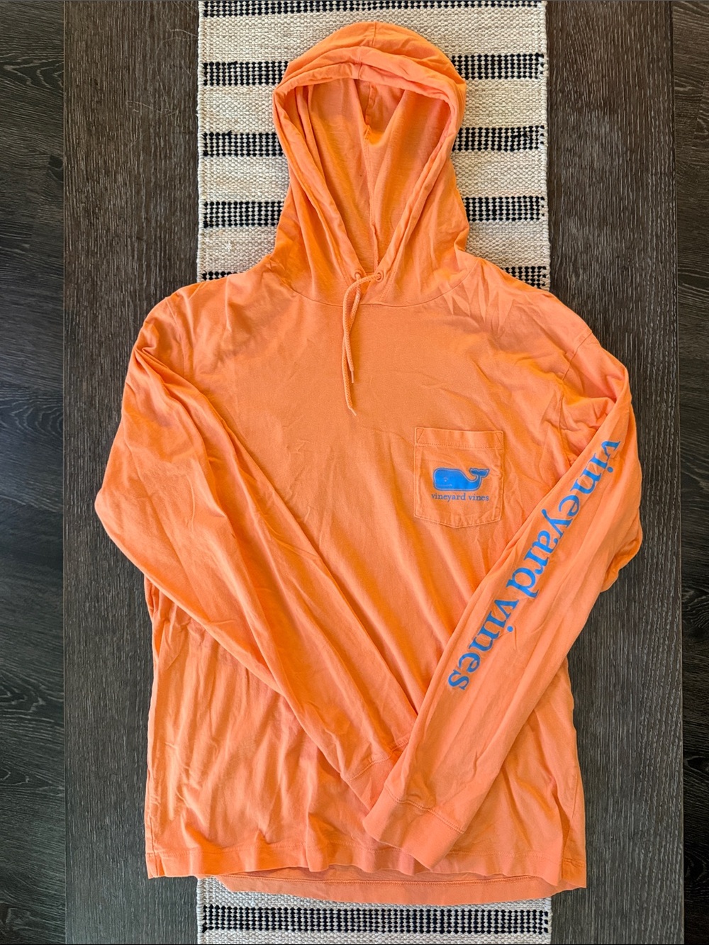Vineyard Vines Men’s Orange Hooded Long Sleeve Tee with Blue Logo